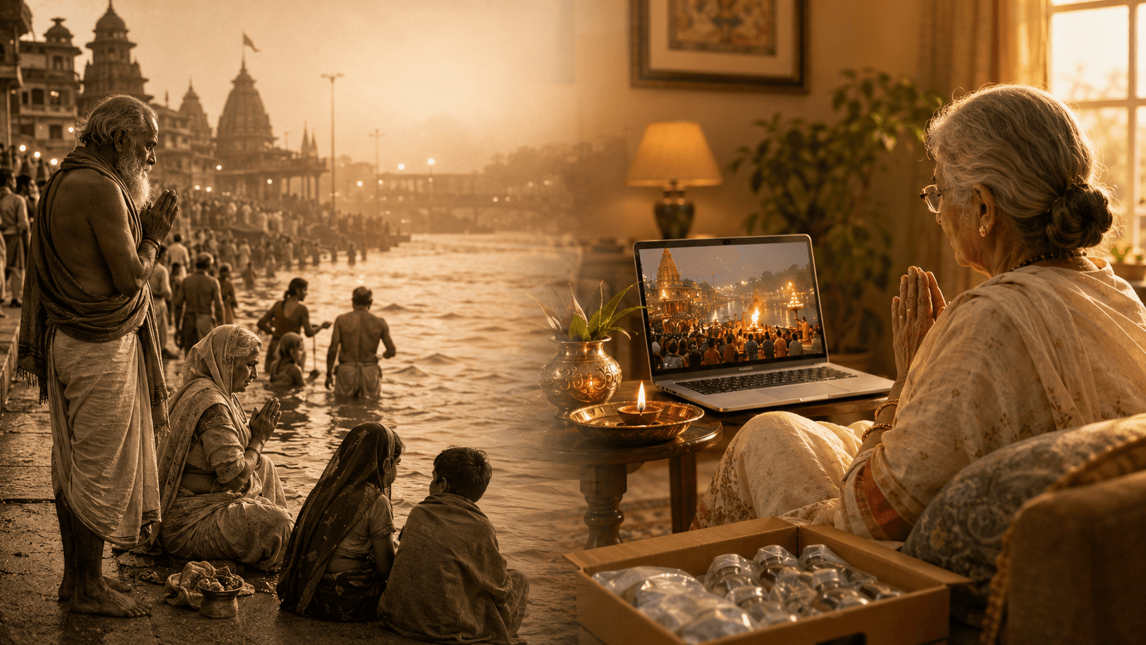 Then and now — pilgrims at the ghat and a family receiving Kumbh blessings at home through technology